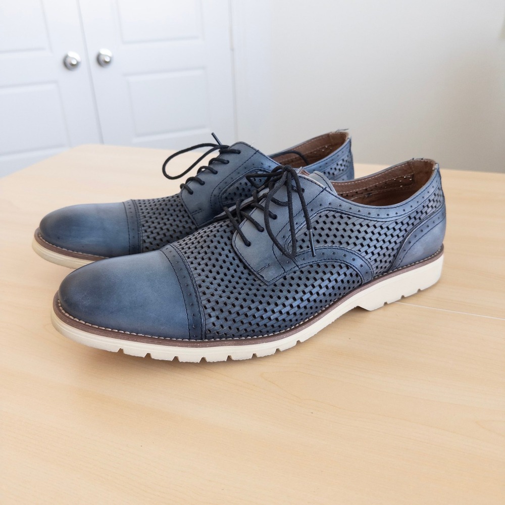 Stacy Adams Mens Dress Shoes 10M Blue Perforated Leather Cap Toe Oxfords Preppy‎